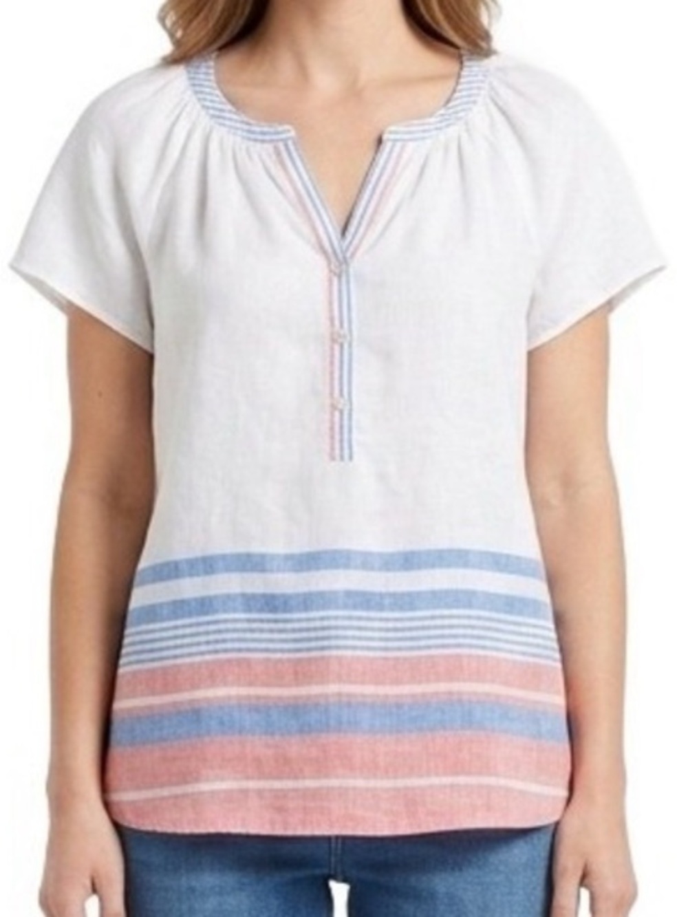Talbots White Linen Top Blue Coral Striped Short Sleeve Coastal Top XL